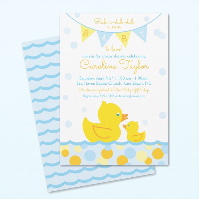 Rubber Ducky Baby Shower-inbjudan blått och gult Inbjudningar (Skapare uppladdad)