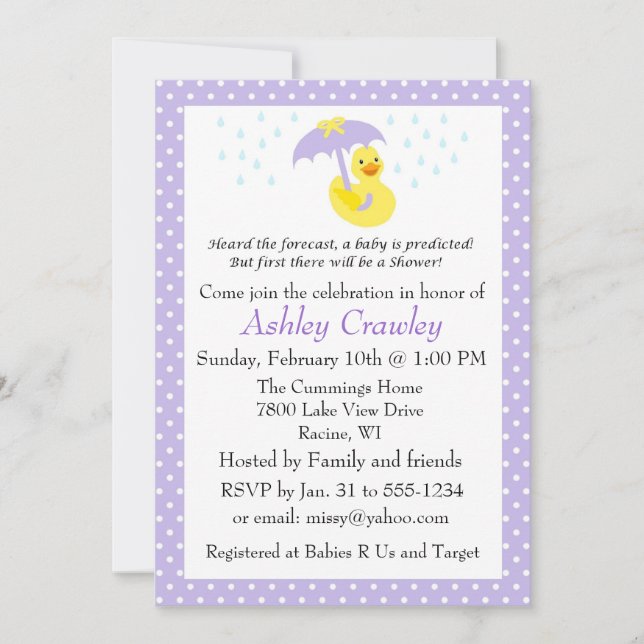 Rubber Ducky Baby Shower inbjudan lila - anpassa (Framsida)