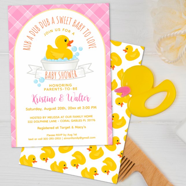 Rubber Ducky Baby Shower-inbjudan med Dub-A-Dub Inbjudningar (pink rubber duck baby shower invitation)