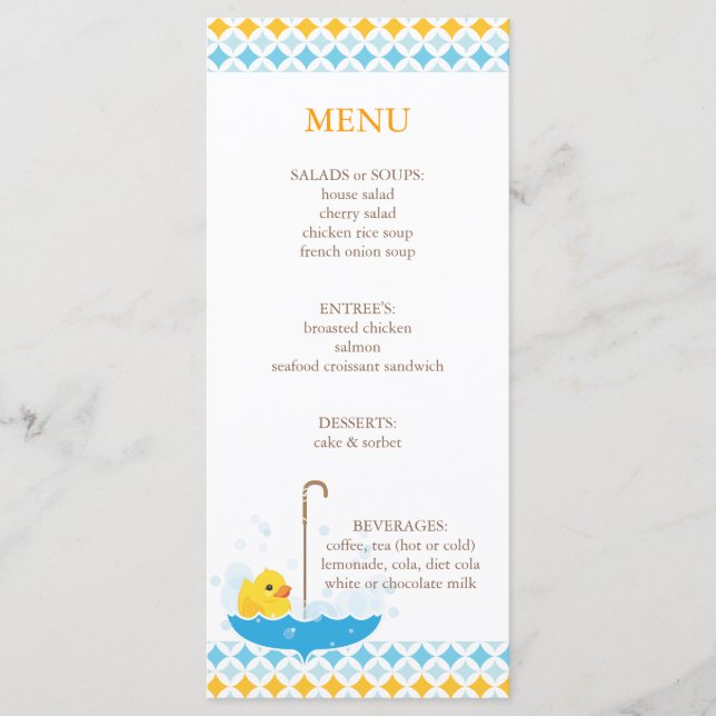 Rubber Ducky baby showermeny Meny (Framsida)