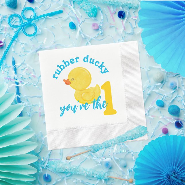 Rubber Ducky Du är första födelsedagen Pappersservett (Rubber Ducky You're the One 1st Birthday Party Napkins - Boy  in Blue, Yellow and White)