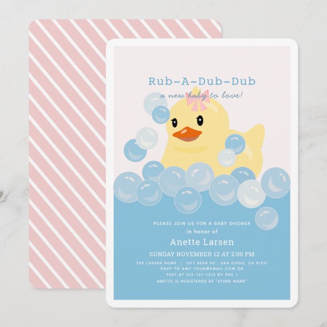 Rubber Ducky Girl Rosa Baby Shower Inbjudningar (Fram/baksida)