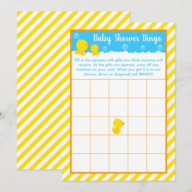 Rubber Ducky Gult och Blue Baby Shower Bingo Inbjudningar (Fram/baksida)