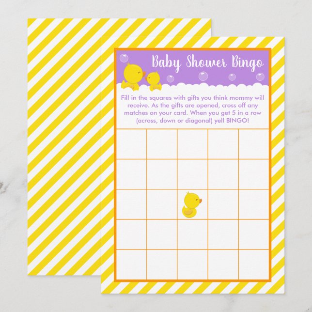 Rubber Ducky Gult och Lila Baby Shower Bingo Inbjudningar (Fram/baksida)