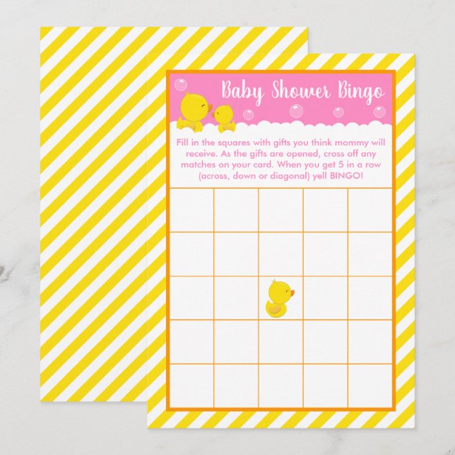 Rubber Ducky Gult och Rosa Baby Shower Bingo Inbjudningar (Fram/baksida)