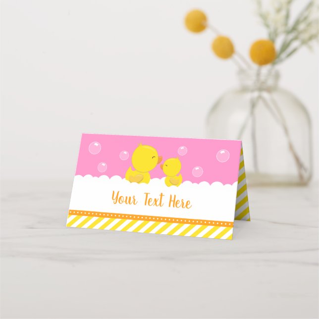 Rubber Ducky Gult och Rosa Baby Shower Placeringskort (Framsida)
