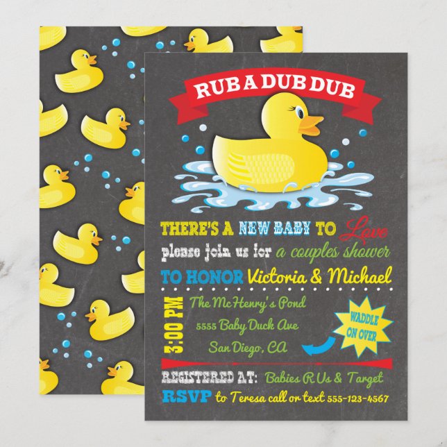 Rubber Ducky Par Baby Shower Inbjudningar (Fram/baksida)