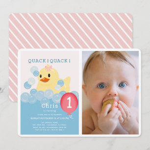 Rubber Ducky Rosa Girl Photo 1st Birthday Inbjudningar