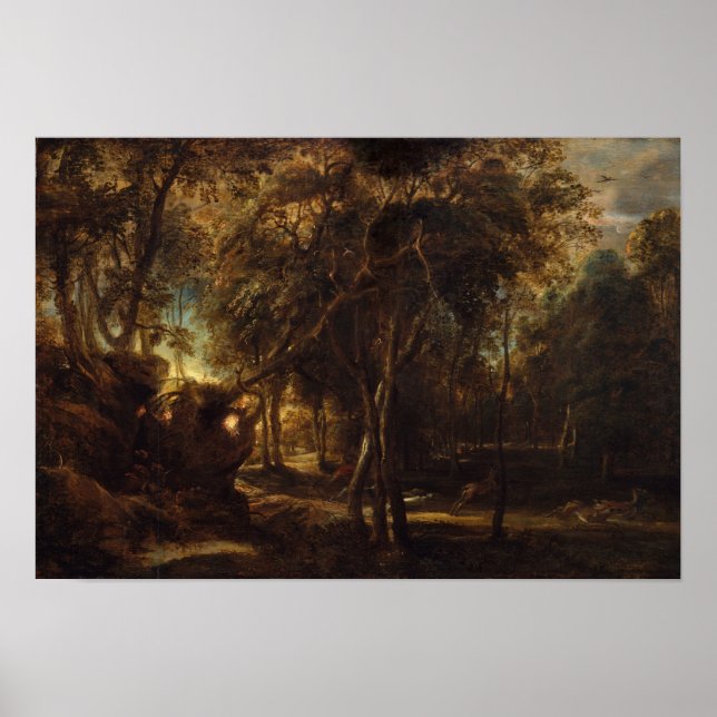 Rubens - Forest at Dawn with Hjort Hunt (Met) Poster (Framsidan)