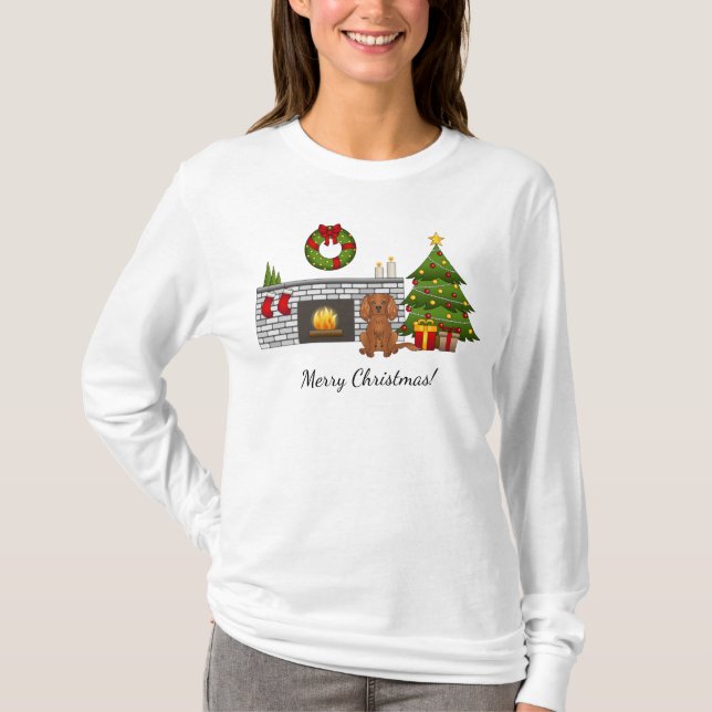 Rubin Cavalier Hund i Festlig Julrum T Shirt (Framsida)
