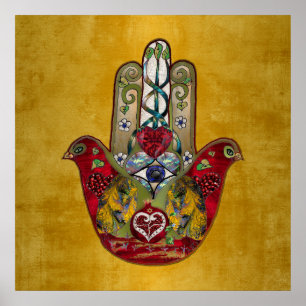 Rubin Granatäpple Hjärtat Röd Fågel Hamsa Poster
