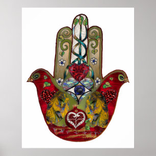 Rubin Granatäpple Hjärtat Röd Fågel Hamsa Poster