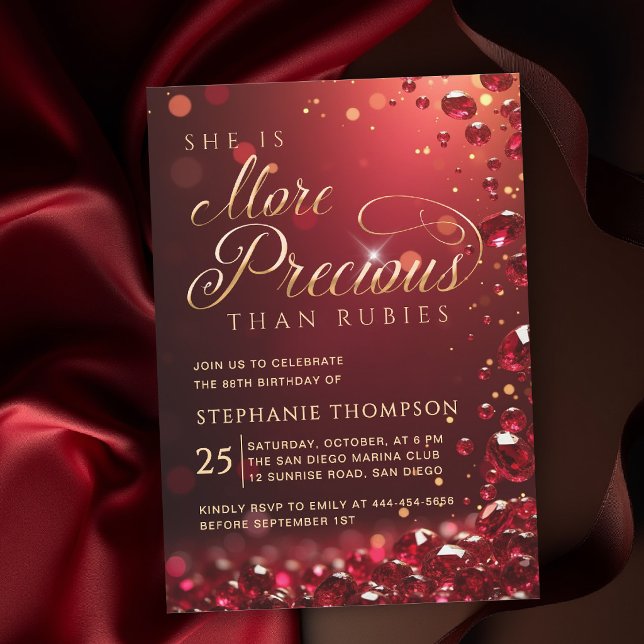 Rubinröd Guld Kalligrafi Elegant 80-årsdag Inbjudningar (elegant birthday invitation for mom ruby red gold more precious than rubies bible quote calligraphy)
