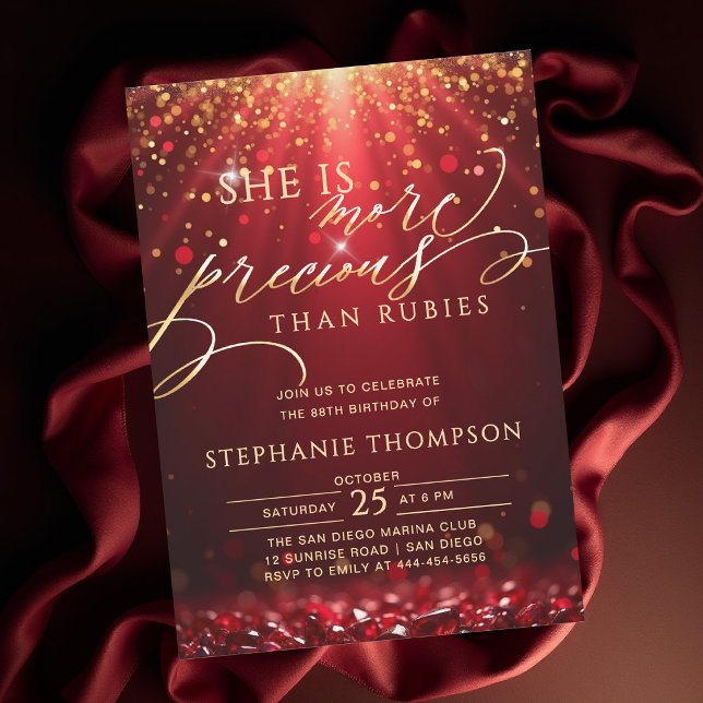 Rubinröd Guldglitter Kalligrafi 80-årsdag Inbjudningar (elegant birthday invitation for mom ruby red gold more precious than rubies bible quote classy)