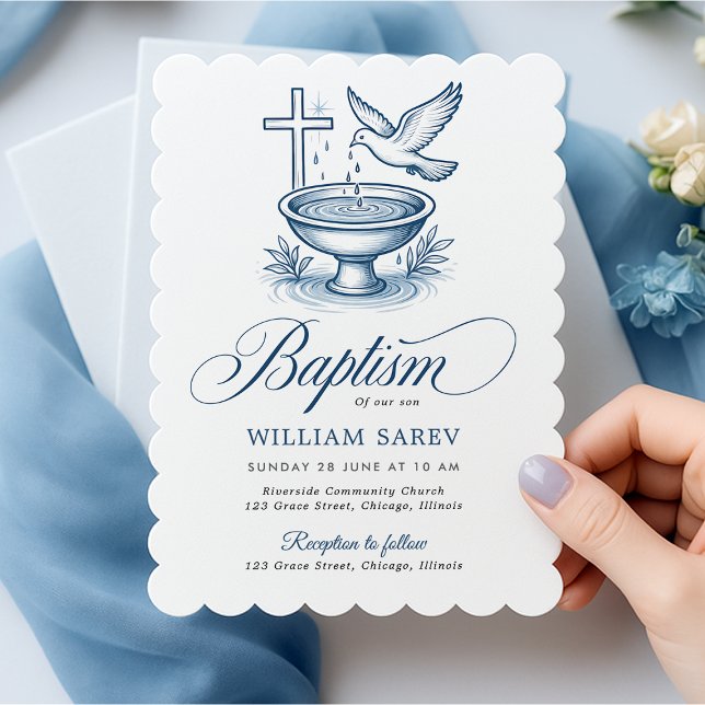 rubrik, beskrivning, 5 kort-märkre och 5 långa mär inbjudningar (Scalloped edge baptism invite with dove and cross in soft blue background.)
