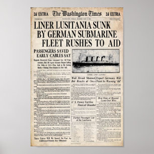 Rubrik för tidning för vintageLusitania sjunkand Poster