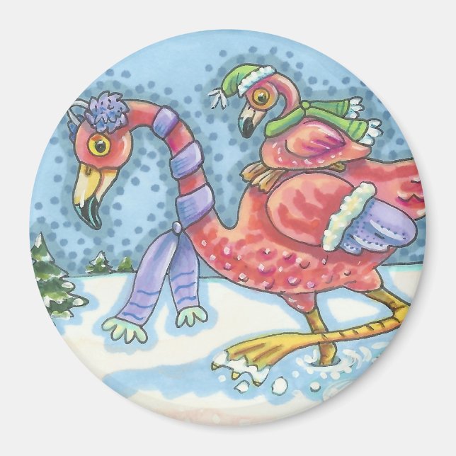 RUBRIK, ROSA FLAMINGOS WINTER MAGNET Round (Framsidan)