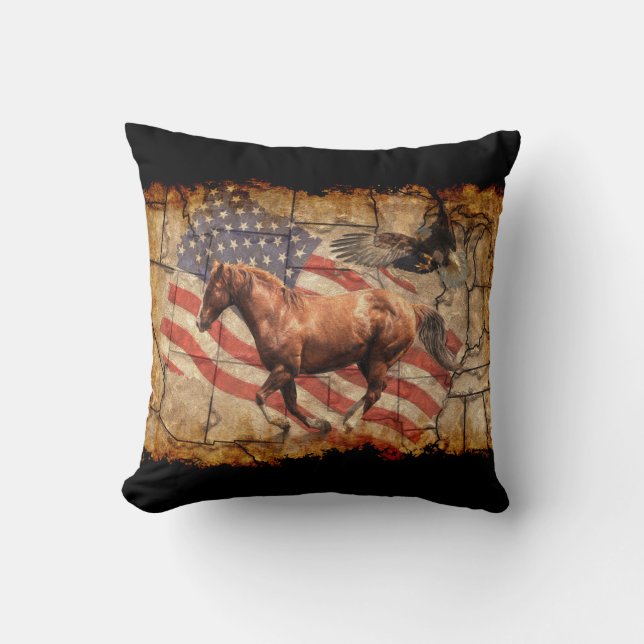"Rubrik Väster" Horse, Eagle och US Flagga Kudde (Framsida)