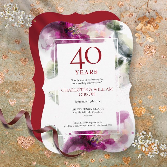 Ruby 40-årsjubileum Elegant Blommig Inbjudningar (Ruby 40th Wedding Anniversary Elegant Floral Invitation)