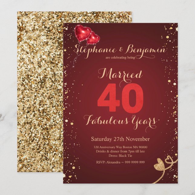 Ruby 40-årsjubileum för bröllop Guld Glitter Elega Inbjudningar (Fram/baksida)