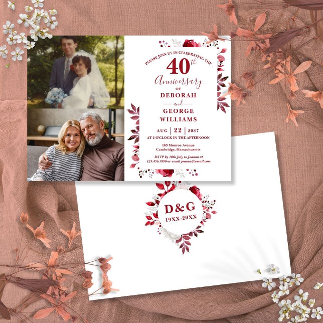 Ruby 40:e Bröllop-årsdagen då och nu 2-foto Inbjudningar (Ruby 40th Wedding Anniversary Then & Now 2 Photo Invitation)