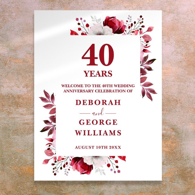 Ruby 40:e Elegant bröllop-årsdagen Välkomstskylt Poster (Ruby 40th Elegant Wedding Anniversary Welcome Sign)