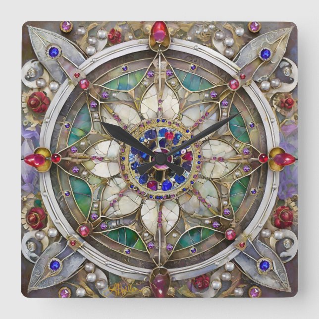 Ruby, Amethyst, Sapphire och Pearl Mandala Fyrkantig Klocka (Framsida)