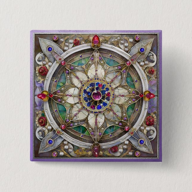 Ruby, Amethyst, Sapphire och Pearl Mandala Knapp (Framsida)