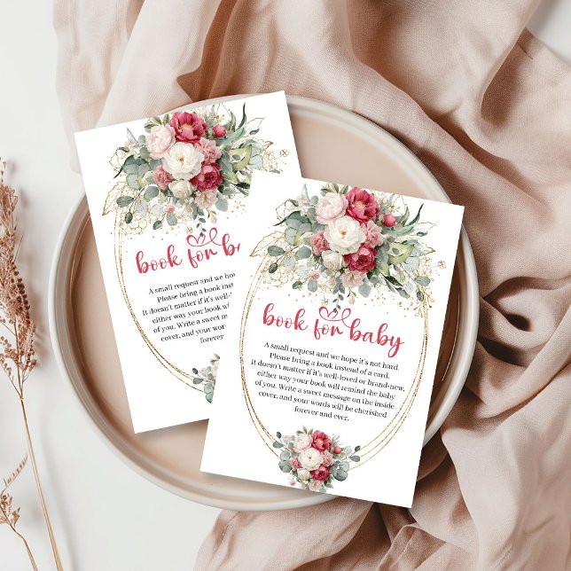 Ruby blush floral baby shower book request card  tilläggskort (Ruby blush floral baby shower book request card with gold

)