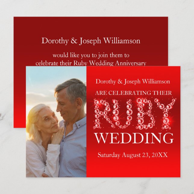 Ruby bröllop gnistrande stenar foto fest inbjudan  (Fram/baksida)