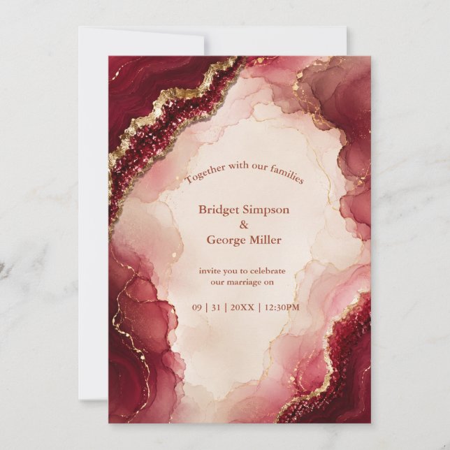 Ruby Burgundy Agat Luxe marmor Bröllop Inbjudningar (Framsida)