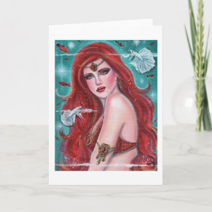 Ruby Carmina sjöjungfru med vit bettas fantasy art Kort