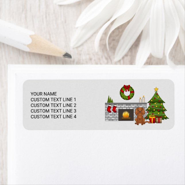 Ruby Cavalier Hund i julrum och text Returadress Etikett (Insitu)