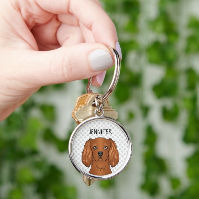 Ruby Cavalier King Charles Spaniel Hund & Namn Rund Silverfärgad Nyckelring (Hand)