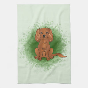 Ruby Cavalier King Charles Spaniel Hund På Grönt Kökshandduk