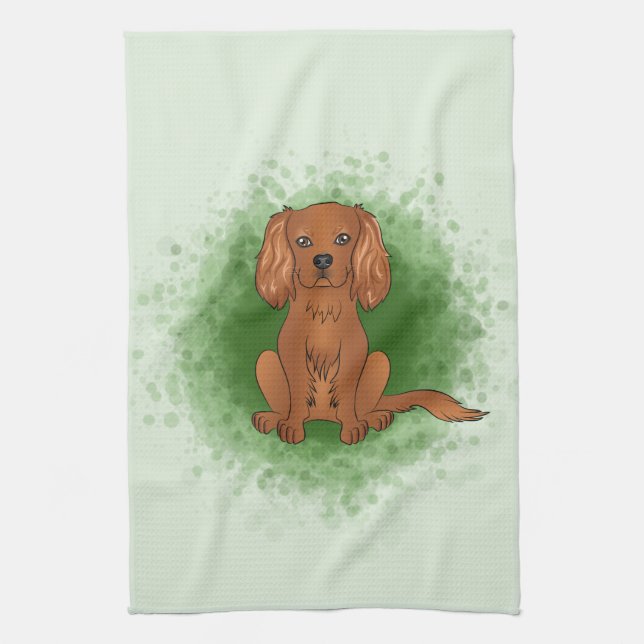 Ruby Cavalier King Charles Spaniel Hund På Grönt Kökshandduk (Vertikal)
