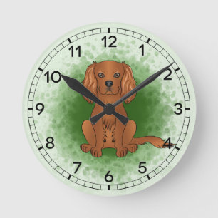 Ruby Cavalier King Charles Spaniel Hund På Grönt Rund Klocka