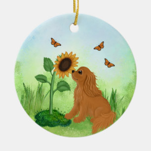 Ruby Cavalier King Charles Spaniel med Solros Julgransprydnad Keramik