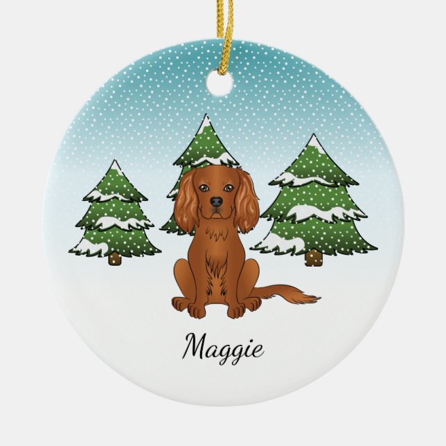 Ruby Cavalier King Charles Spaniel på vintern Julgransprydnad Keramik (Framsidan)