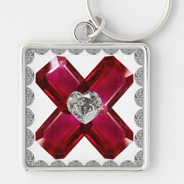 Ruby Diamond Art, Red Keychain Fyrkantig Silverfärgad Nyckelring (Framsidan)