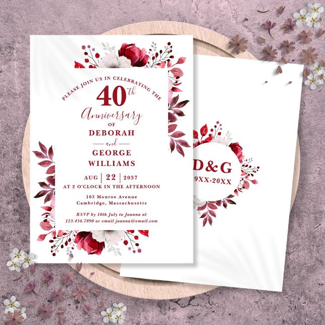 Ruby Elegant Blommig 40-års bröllopsdag  Inbjudningar (Ruby Elegant Floral 40th Wedding Anniversary Invitation)
