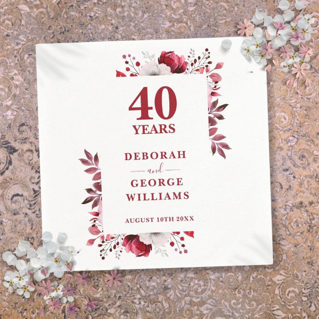 Ruby Elegant Blommigt 40 Bröllop-årsdagen Pappersservett (Ruby Elegant Floral 40th Wedding Anniversary Napkins)