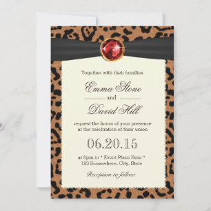 Ruby Gemstone Black Ribbon Leopard Print Bröllop Inbjudningar