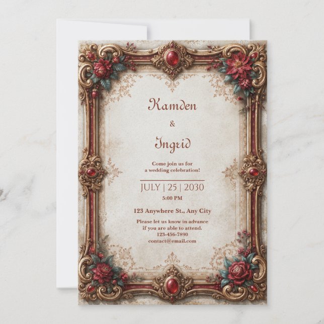 Ruby Gold Baroque Wedding Inbjudningar (Framsida)