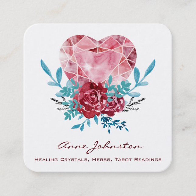 Ruby Heart Boho Blommig Akvarell Fyrkantigt Visitkort (Framsida)