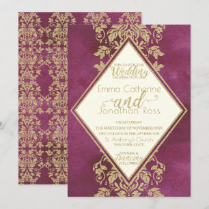 Ruby och Guld Damask Wedding Inbjudningar