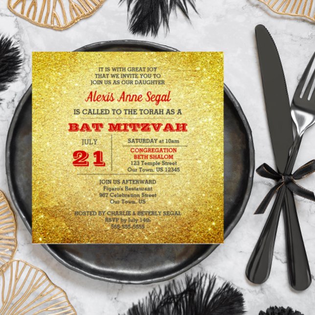 Ruby och Guld Glitter Glam Bat mitzvah Inbjudningar (Skapare uppladdad)