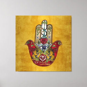 Ruby Pomegranate Heart Red Bird Hamsa Canvastryck