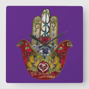 Ruby Pomegranate Heart Red Bird Hamsa Fyrkantig Klocka