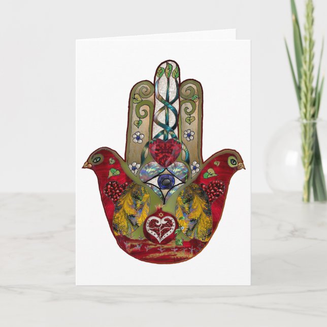 Ruby Pomegranate Heart Red Bird Hamsa Helgkort (Framsida)